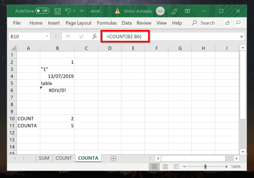 Exemple de comptage Excel 2 (fonction NBVAL)