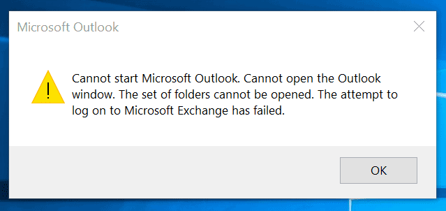 Impossible de démarrer Microsoft Outlook.  Impossible d'ouvrir la fenêtre Outlook.  L'ensemble des dossiers ne peut pas être ouvert.  La tentative de connexion à Microsoft Exchange a échoué. 