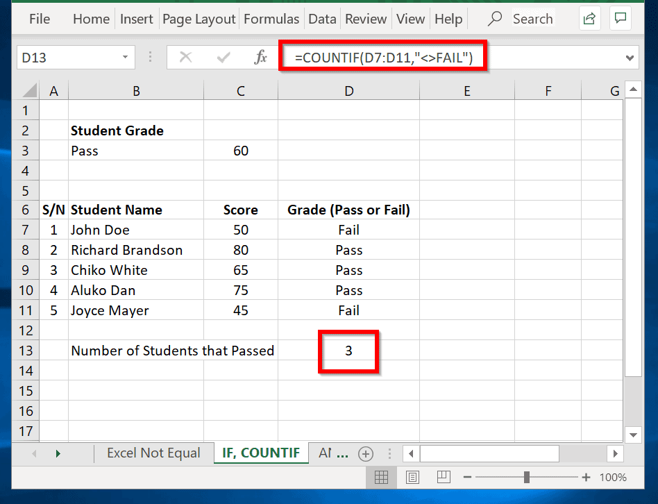 Excel "Pas égal" Exemple (IF, COUNTIF et "NOT Equal")