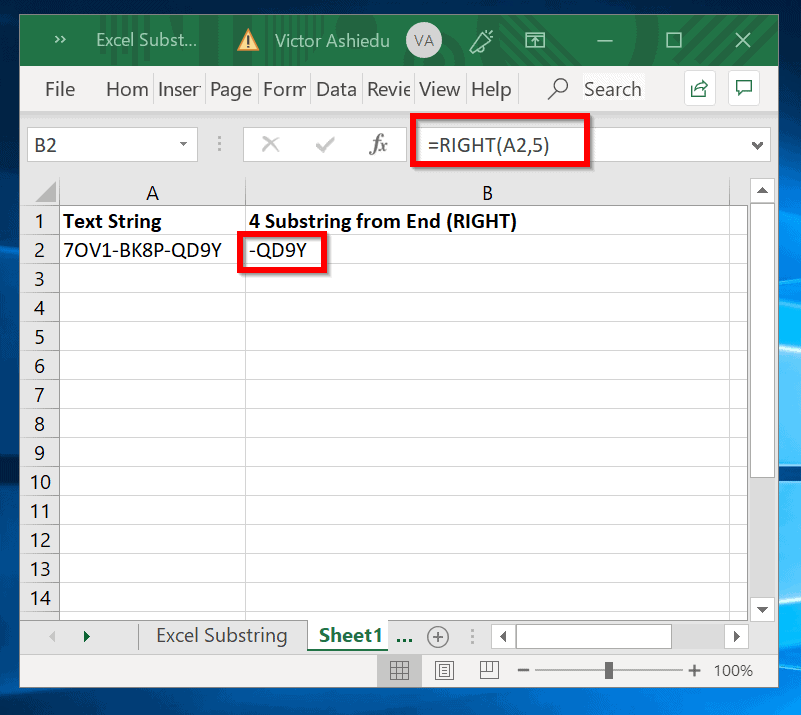 Sous-chaîne Excel RIGHT Exemple