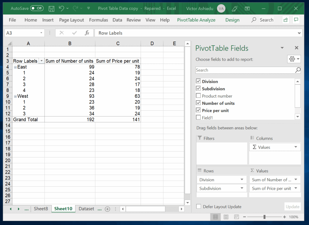 Comment personnaliser un tableau croisé dynamique dans Excel - faites glisser les en-têtes de colonne vers la zone Valeurs