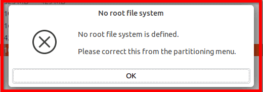 Aucun système de fichiers racine n'est défini