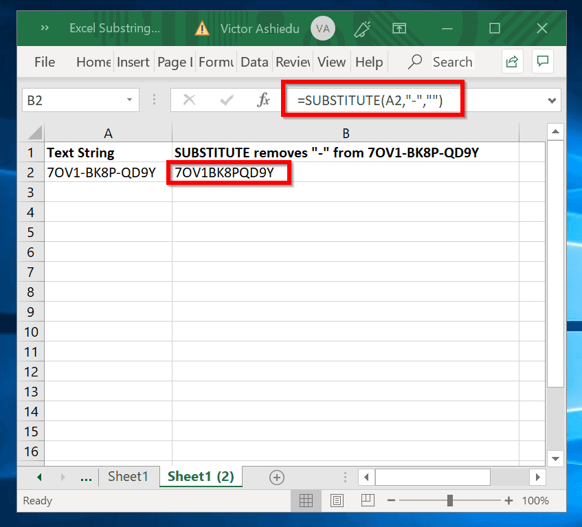 Compter combien de fois la sous-chaîne apparaît dans Excel - SUBSTITUTE supprime tous les caractères comptés dans le texte source