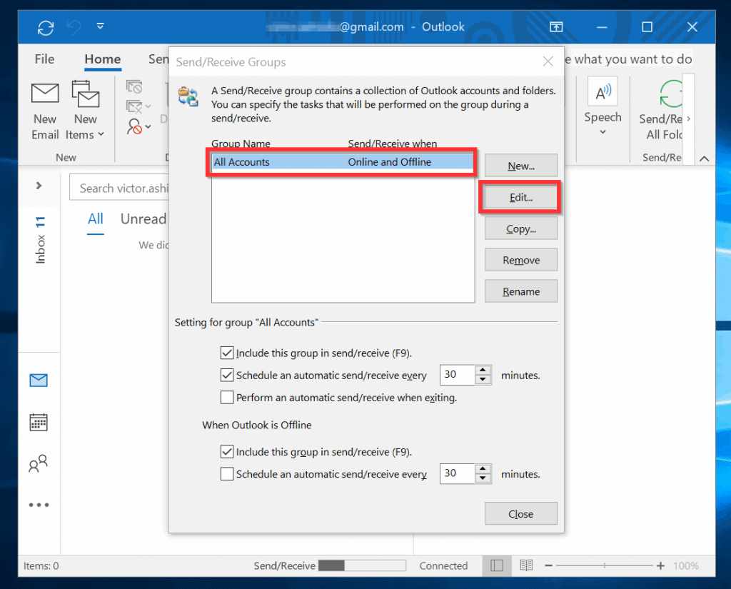 changer le mot de passe Outlook - envoyer/recevoir les propriétés