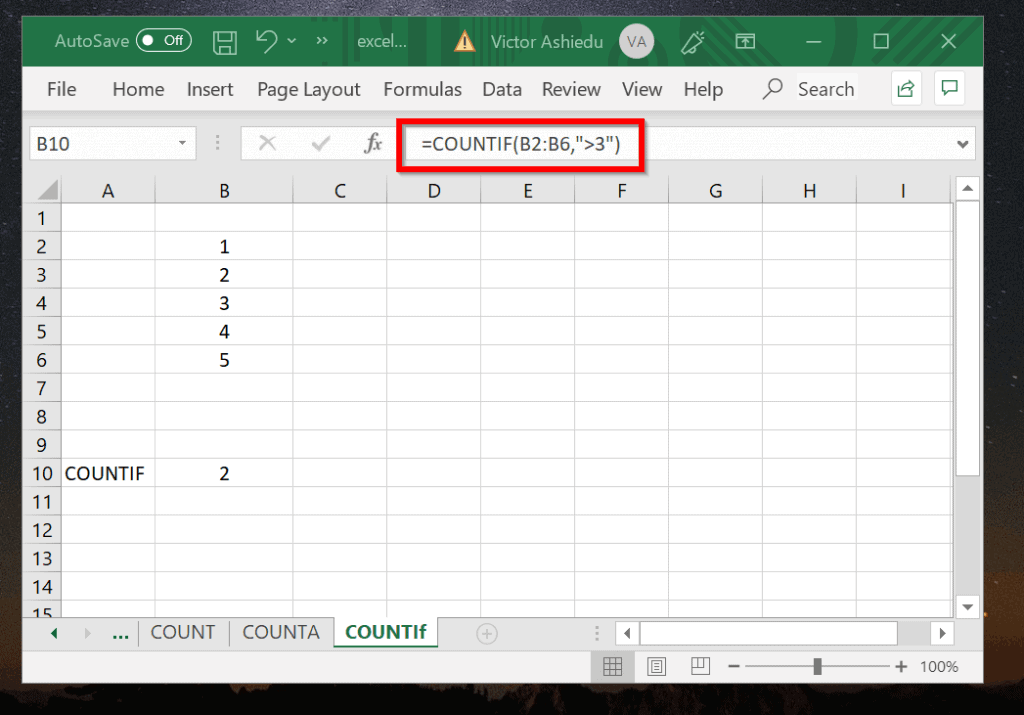 Excel COUNTIF Exemple