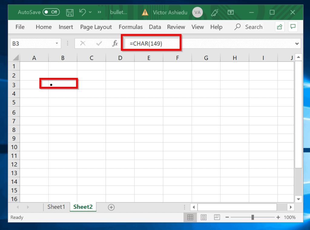 Méthode 4 : Insérer des puces dans Excel à l'aide de la formule Excel - Fonction CHAR
