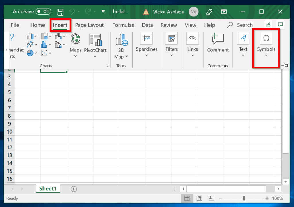 puces dans Excel à partir du menu Symbole