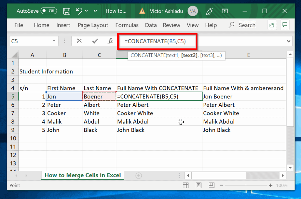 Comment fusionner des cellules dans Excel avec CONCATENATE