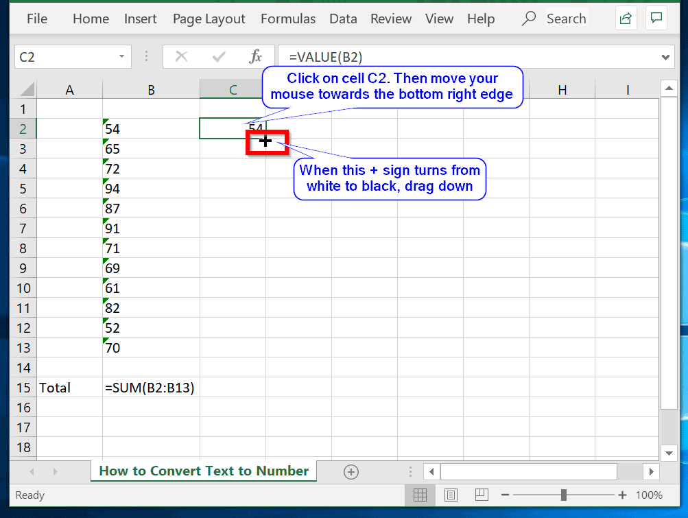 Convertir du texte en nombre dans Excel à l'aide de la méthode de formule - faites glisser la formule =VALUE() vers les autres cellules