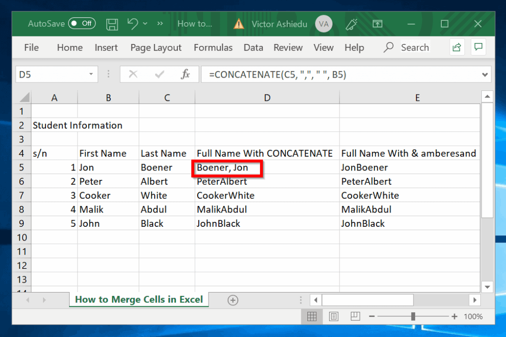 Comment fusionner des cellules dans Excel avec 