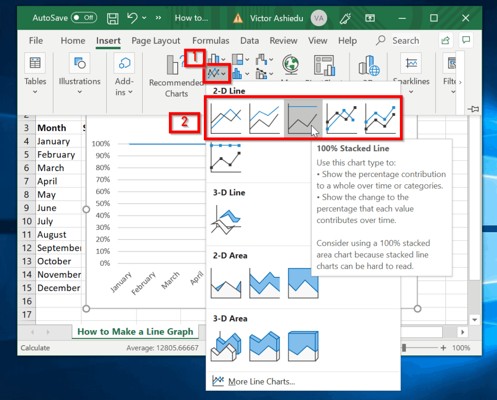 Comment créer un graphique linéaire dans Excel - sélectionnez le type de chat recommandé