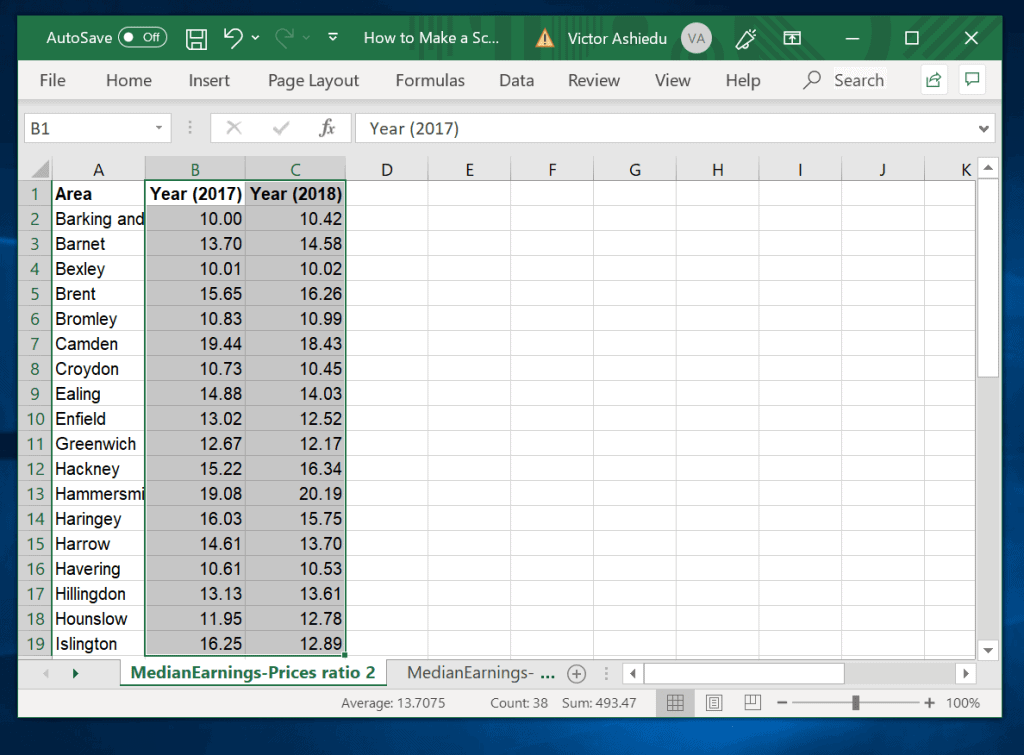 Comment créer un nuage de points dans Excel avec deux ensembles de données - sélectionnez les ensembles de données
