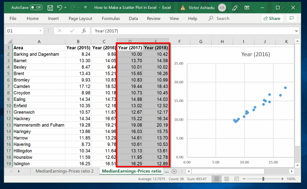Comment créer un nuage de points dans Excel avec plusieurs ensembles de données - Sélectionnez les prochains ensembles de données que vous souhaitez inclure dans le nuage de points dans Excel