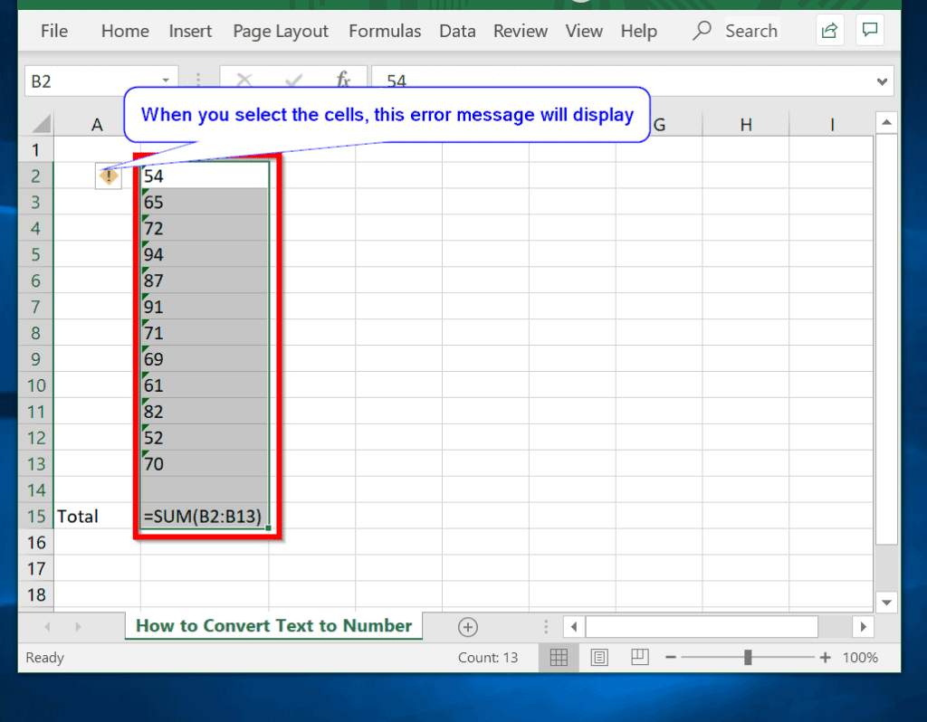 Convertir du texte en nombre dans Excel à partir du message d'erreur