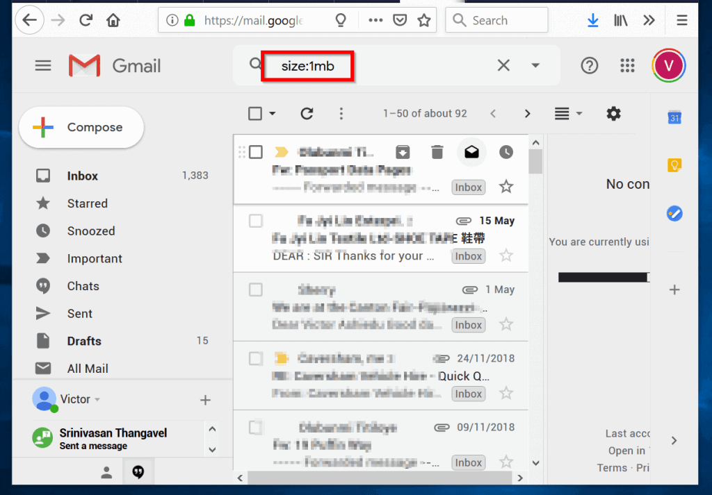 trier gmail par taille - rechercher à l'aide de l'opérateur de taille