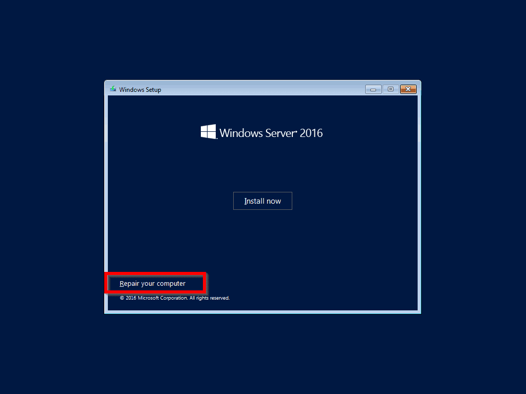 mode de récupération du serveur Windows 2016