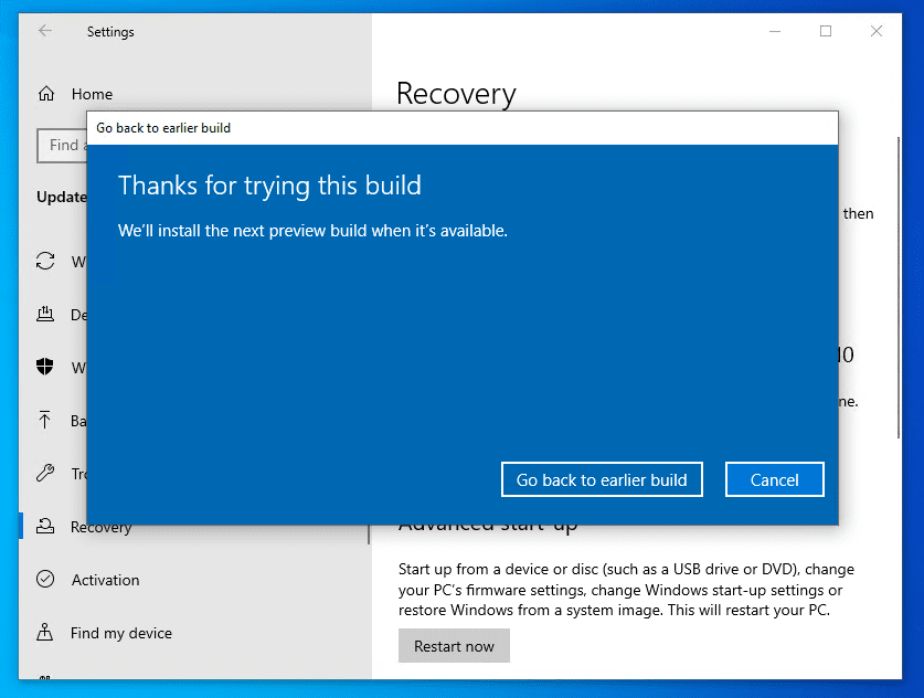 annuler la mise à jour de Windows 10 - cliquez sur Revenir à la version précédente
