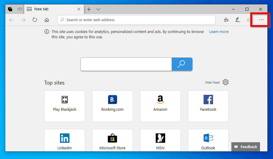 pour définir la page d'accueil dans Edge - Ouvrez Microsoft Edge.  Cliquez ensuite sur les 3 points en haut à droite de la page. 
