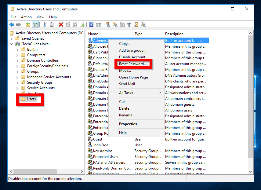 Change Password in Windows Server 2016 with Active Directory Users and Computers