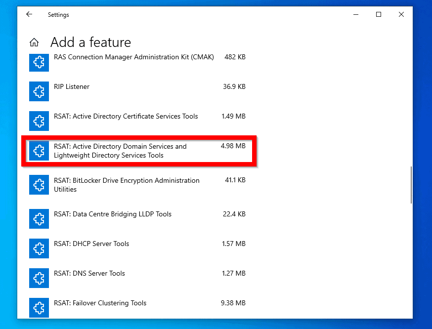 Options pour activer RSAT dans Windows 10