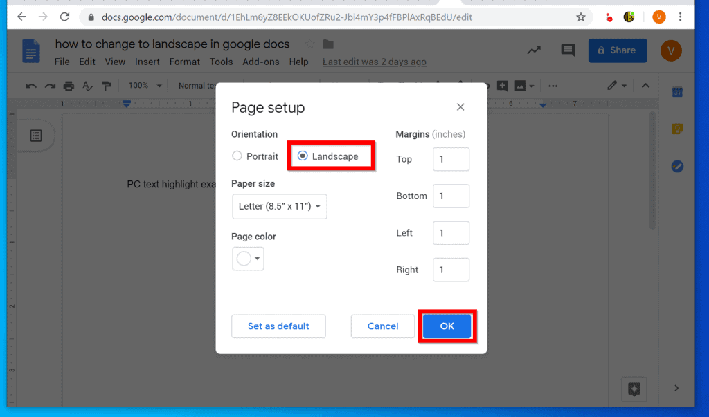 How to Change to Landscape in Google Docs (from a PC or Mac)
