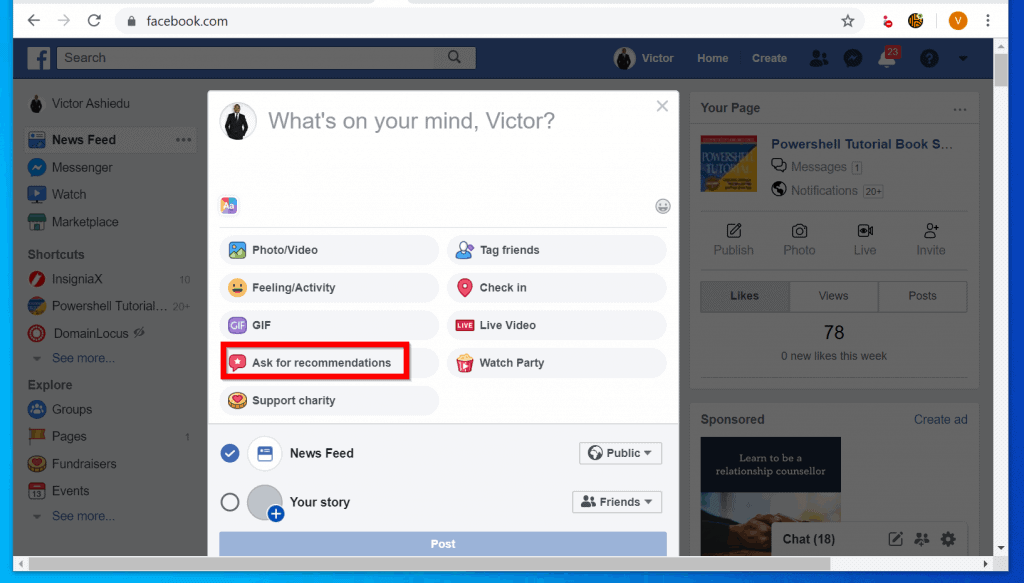 Comment demander des recommandations sur Facebook à partir d'un PC (Facebook.com)