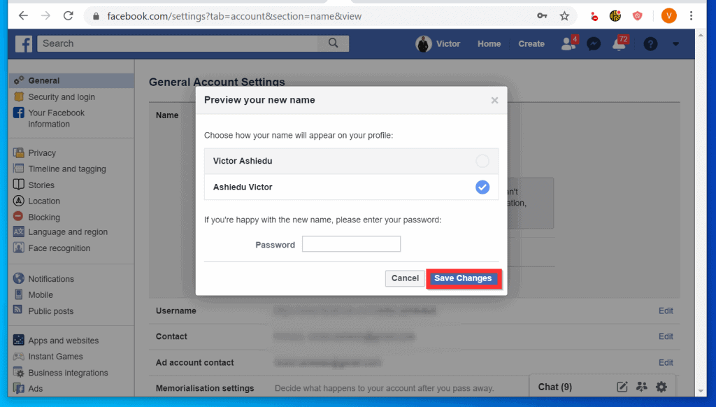 Comment modifier le nom sur Facebook à partir d'un PC (Facebook.com)