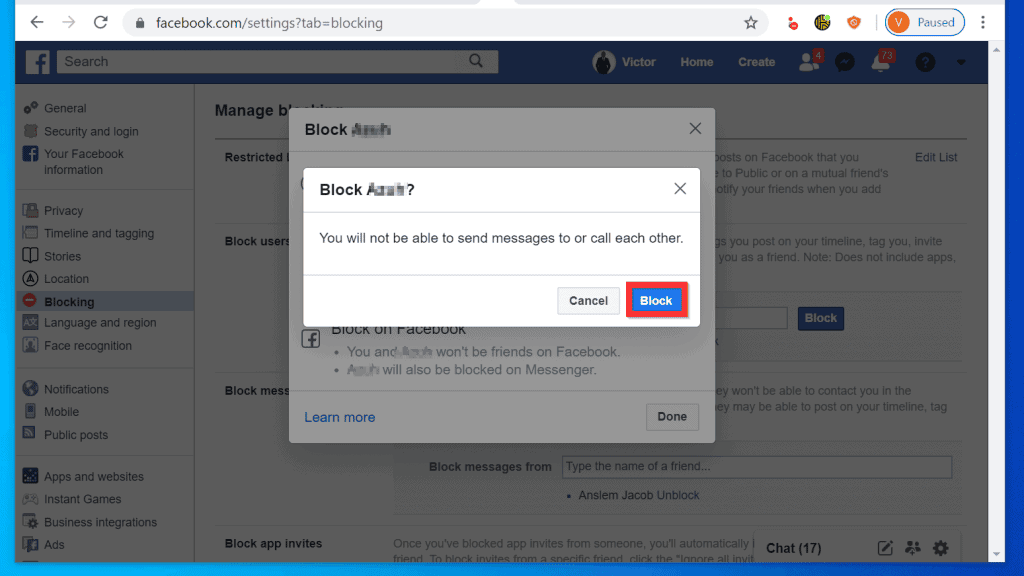Comment bloquer quelqu'un sur Facebook Messenger depuis un PC (Facebook.com)