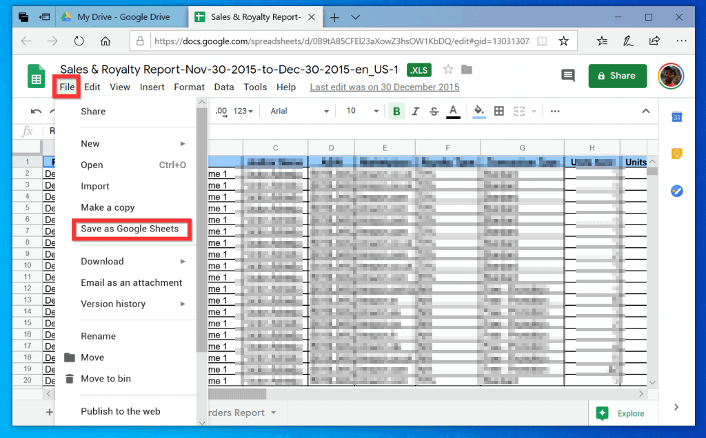 Comment convertir Excel en Google Sheets (méthode 1 : feuille de calcul existante)