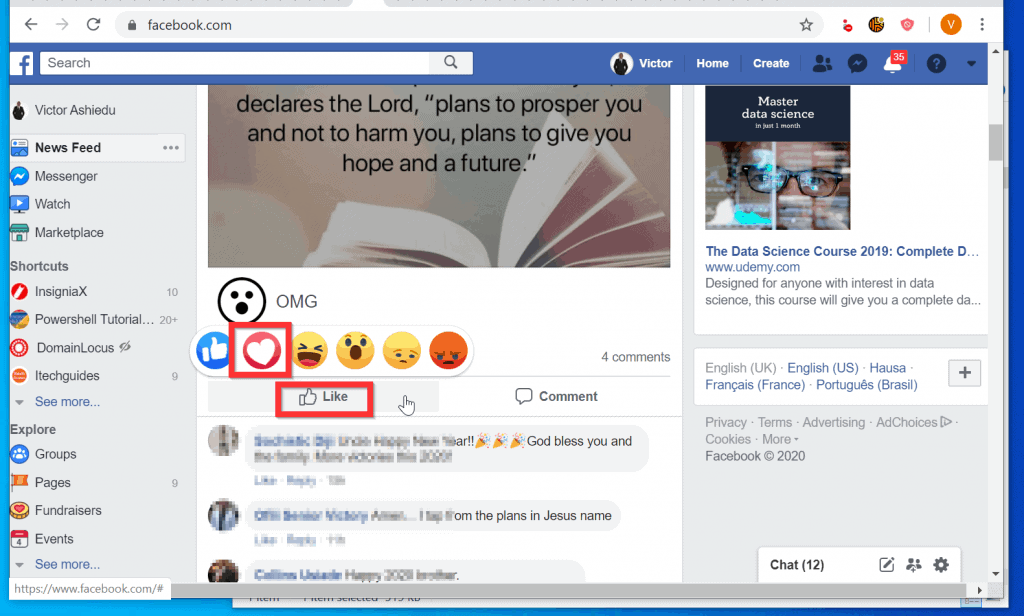 Comment faire un cœur sur Facebook à partir d'un PC (Facebook.com)