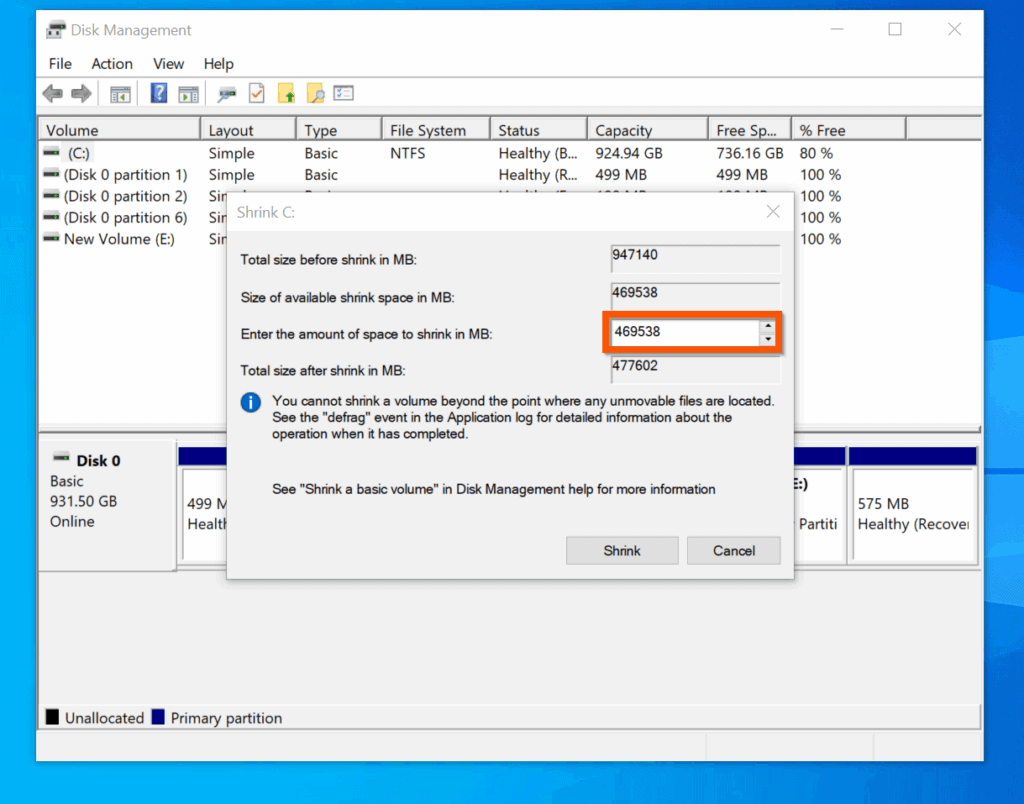 Comment utiliser la gestion des disques de Windows 10 pour réduire le volume