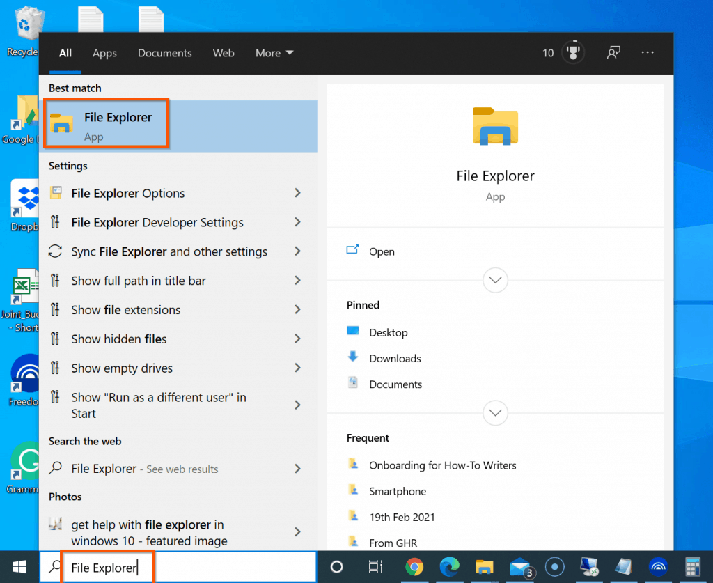 Comment réinitialiser l'explorateur de fichiers à l'affichage par défaut dans Windows 10 - Ouvrir l'explorateur de fichiers via la recherche