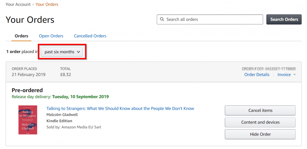 hide orders on amazon account