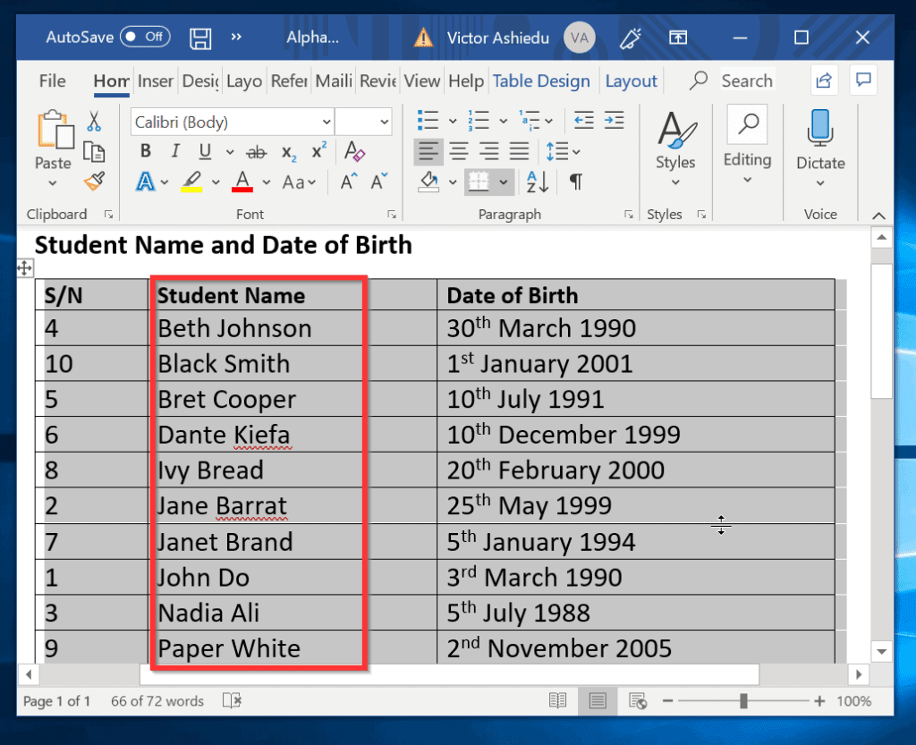 Microsoft Word Alphabetical Order