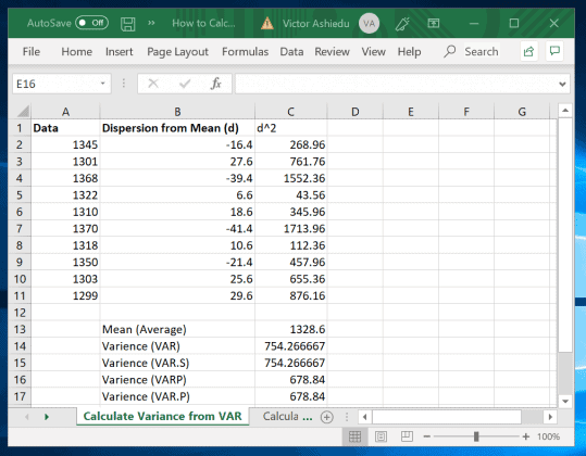 variance and standard deviation in excel