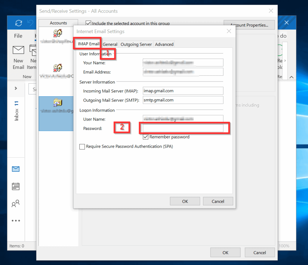 outlook account settings passwords