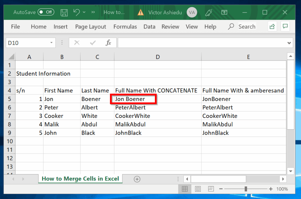 how to merge 2 cells in excel with text