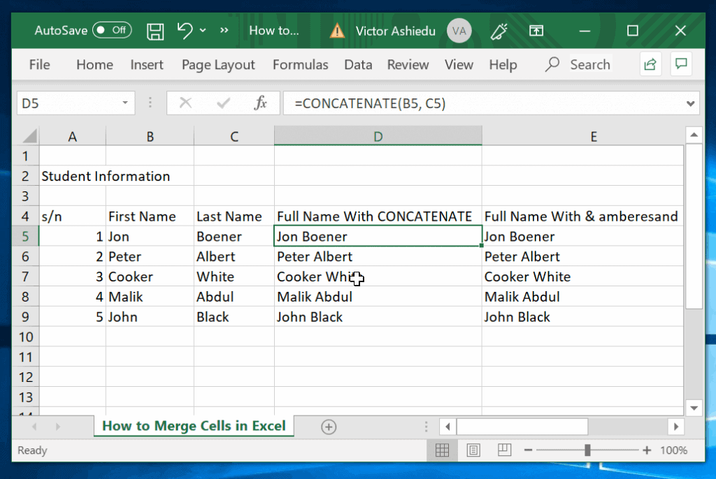 how to merge 2 cells in excel with text