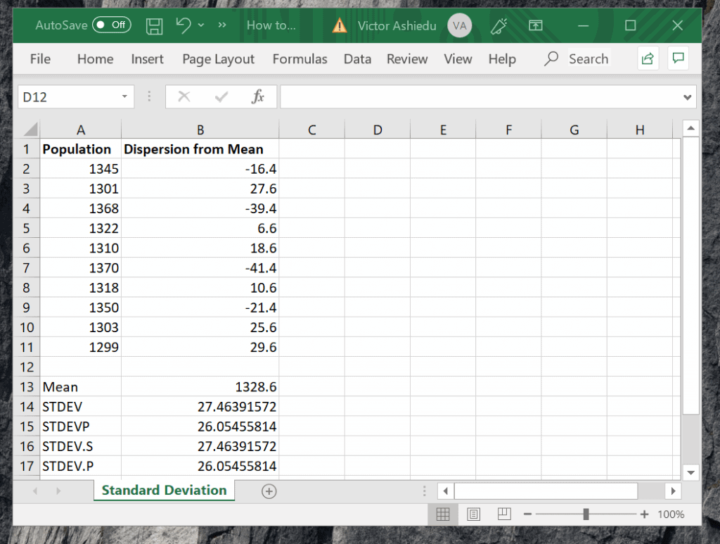 plotting mean and standard deviation in excel