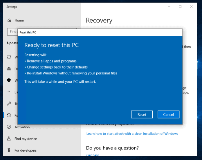 windows 10 reset this pc stuck on getting thing sready