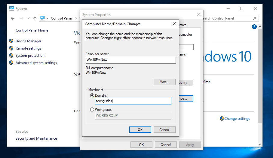 Join Windows 10 to Domain from System Properties