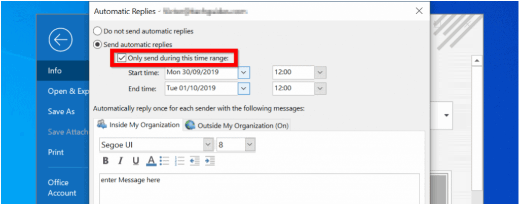 out of office message outlook