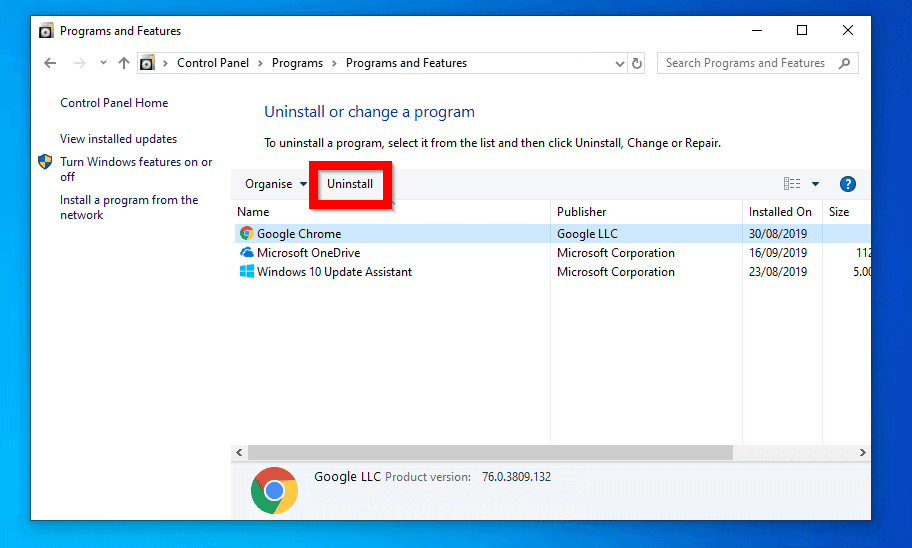 windows uninstall program