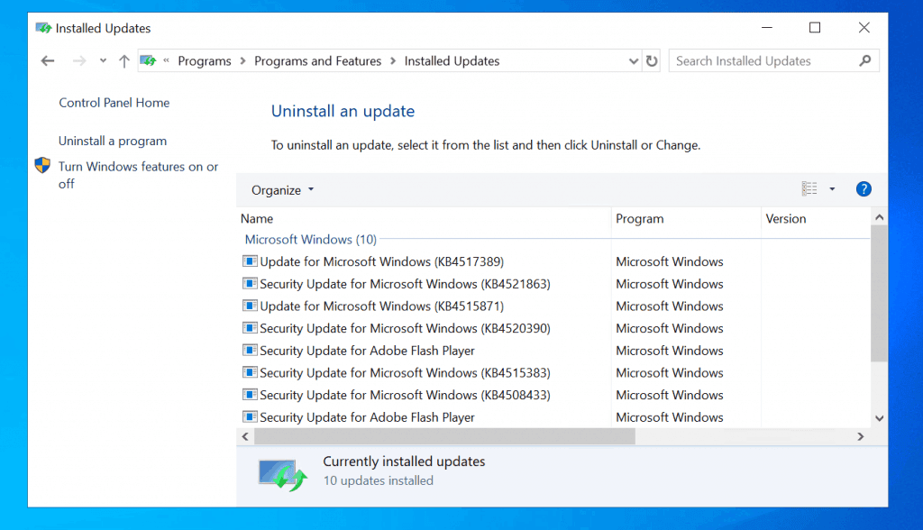windows 10 check for program updates