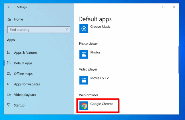 default app settings windows 10
