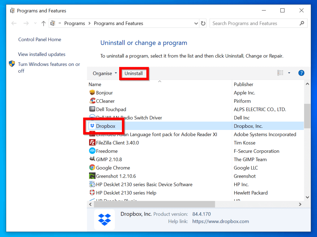 how to delete dropbox from pc