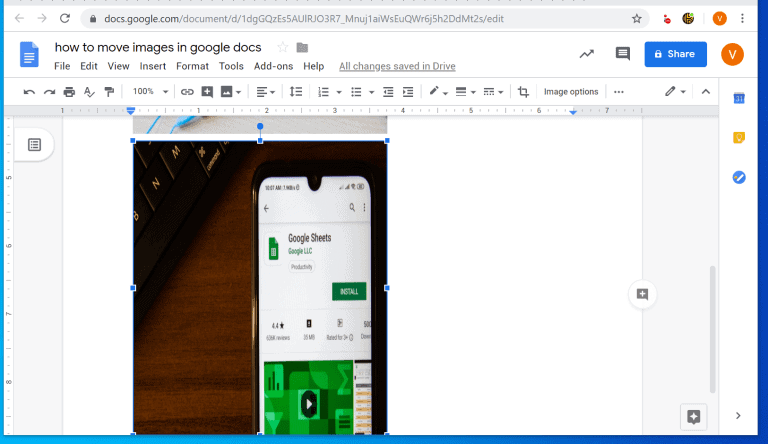 how to resize an image on google docs