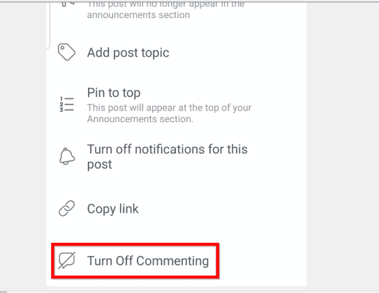 turn off comments facebook notes.