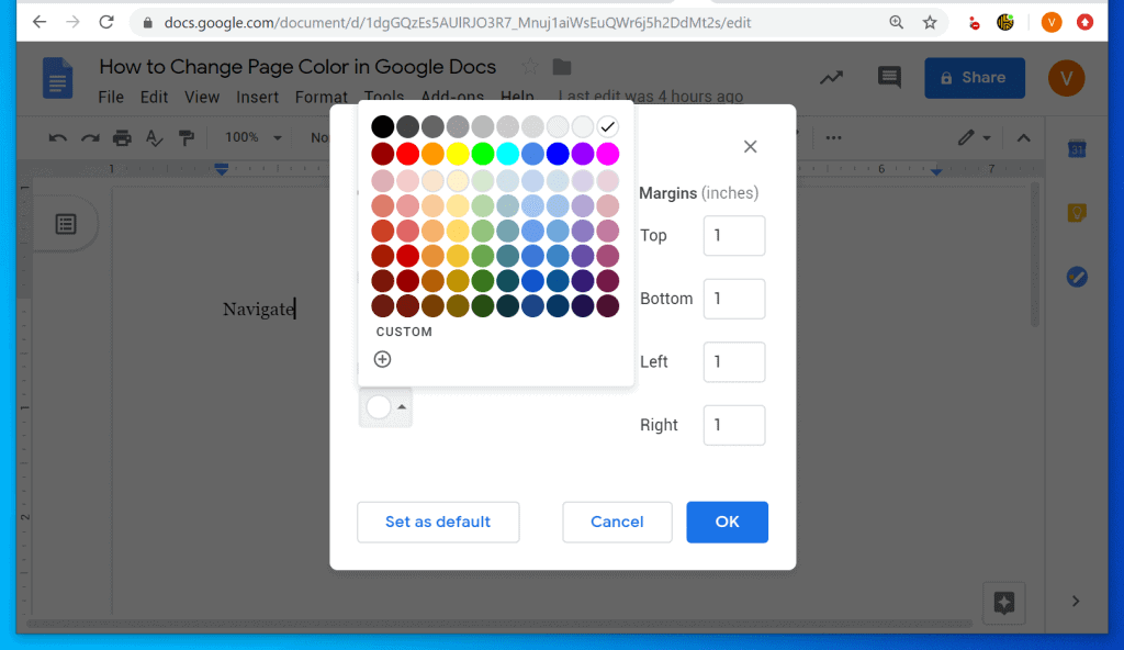 googlle docs make a page color