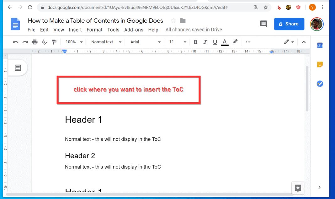 table of contents on google docs